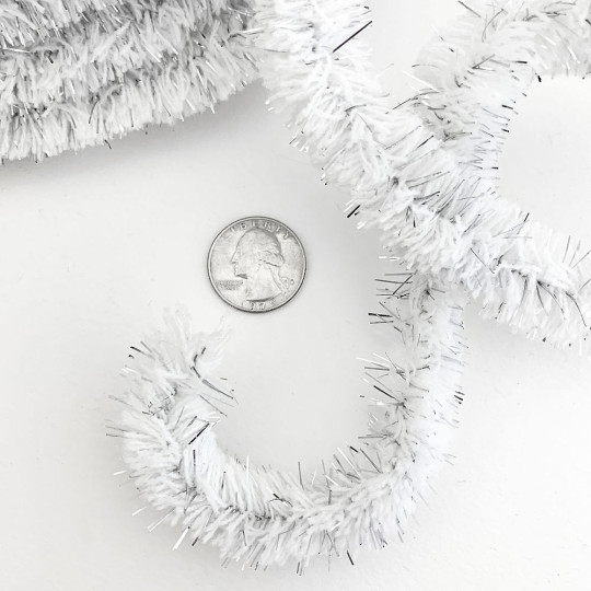 Wired Yarn Trim in White with Silver Tinsel ~ Soft and Fluffy ~ 1 yd.
